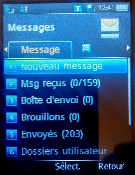 Exemple de sous-menu. Ici la gestion des SMS/MMS