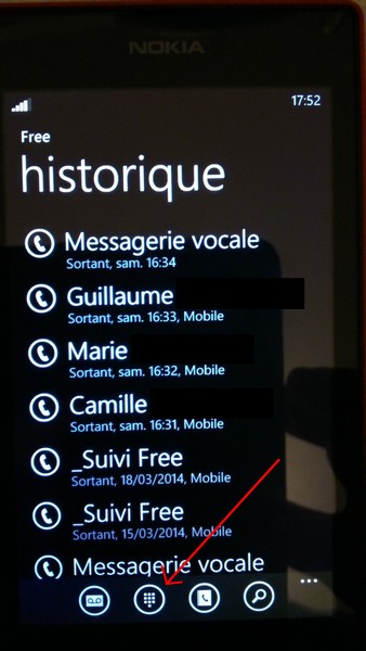 Ecran application téléphone. Par défaut on a les derniers appels.